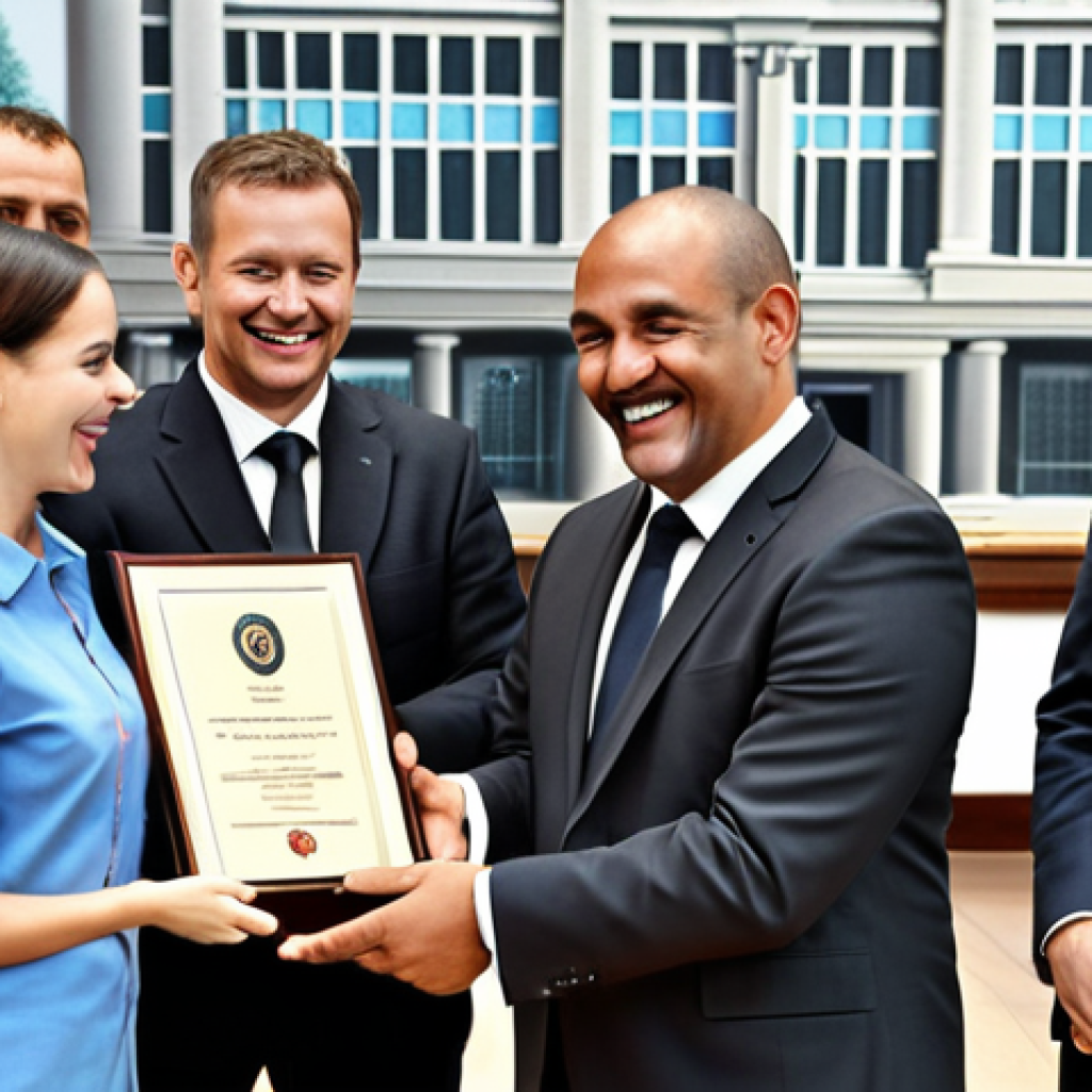 **A local government official receiving an award or certificate, surrounded by colleagues and smiling. The scene should convey a sense of appreciation and recognition. In the background, display a modern government building.**