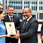 **A local government official receiving an award or certificate, surrounded by colleagues and smiling. The scene should convey a sense of appreciation and recognition. In the background, display a modern government building.**