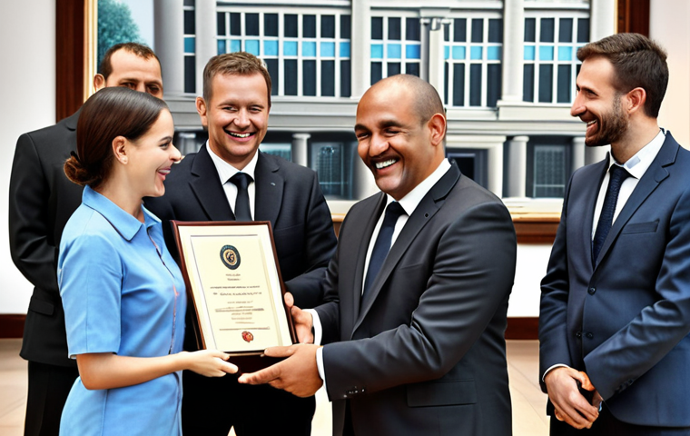 **A local government official receiving an award or certificate, surrounded by colleagues and smiling. The scene should convey a sense of appreciation and recognition. In the background, display a modern government building.**