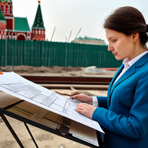 Home 12 ** A professional female city planner in a fully clothed, modest business suit, reviewing blueprints at a construction site in Moscow. Appropriate attire, safe for work, perfect anatomy, natural proportions, professional photography, high quality.
**