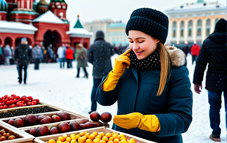 **Subject:** A confident woman working at a bustling outdoor market in Moscow, selling handcrafted souvenirs. **Clothing:** Warm, stylish winter coat, fashionable hat, and gloves. **Environment:** Red Square in the background, snow gently falling. **Quality:** Professional photography, realistic textures, sharp focus, vibrant colors. **Safety:** Safe for work, appropriate content, fully clothed, modest, family-friendly, perfect anatomy, natural proportions, well-formed hands, proper finger count.