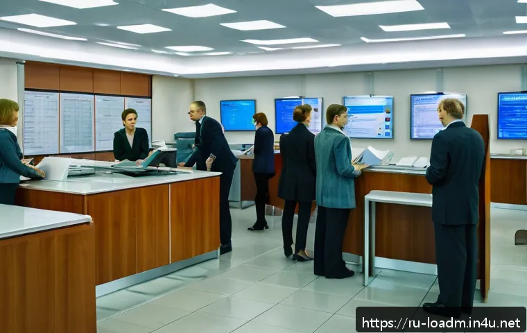 지방행정사로서 민원 조정 사례 - A detailed office scene inside a Russian municipal government building, showing a diverse group of a...